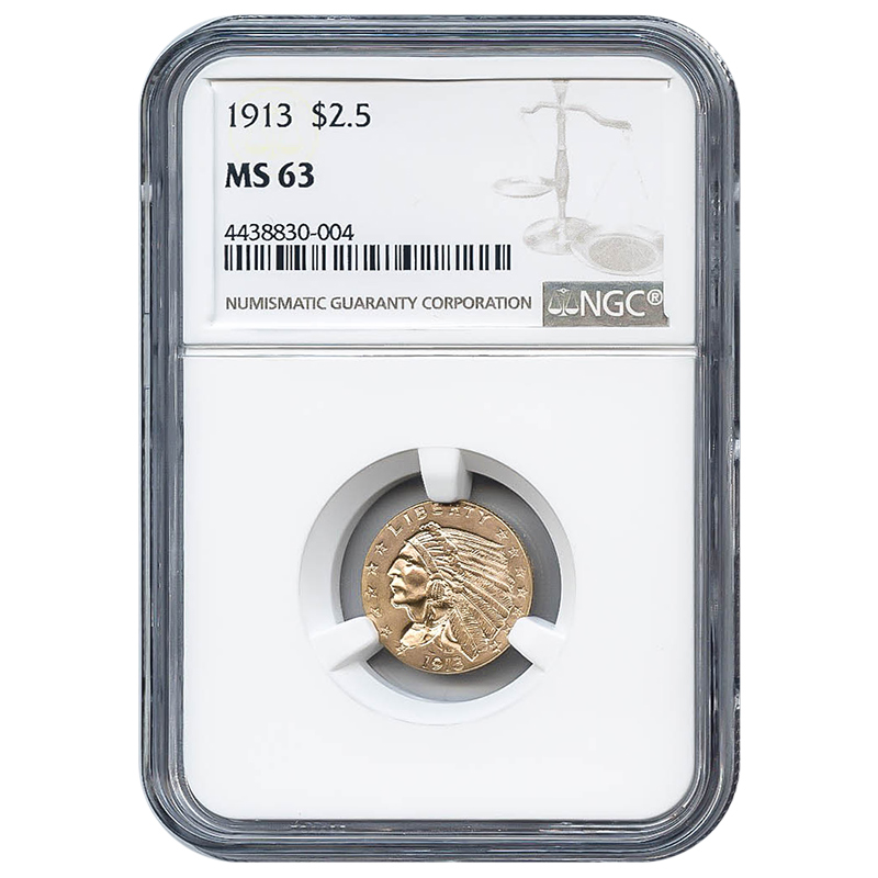 Certified US Gold $2.5 Indian 1913 MS63 NGC