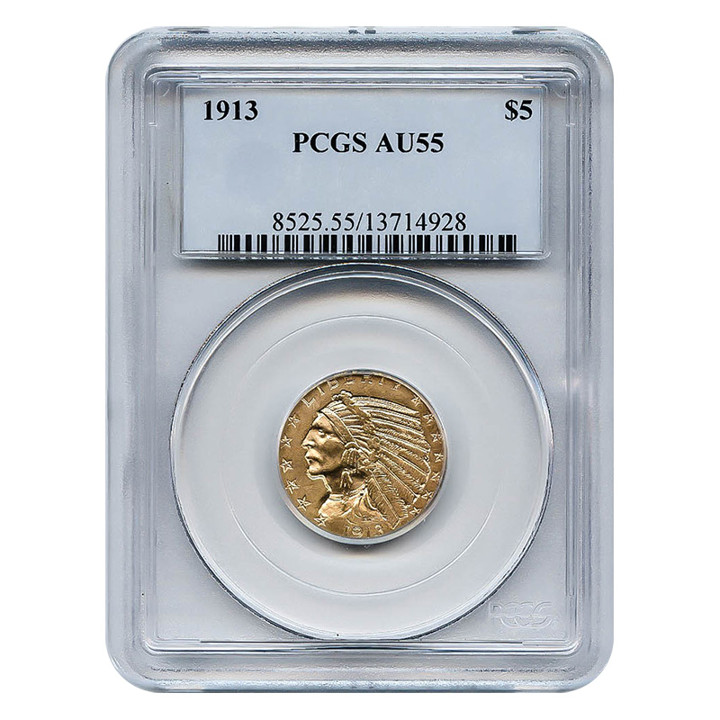 Certified $5 Gold Indian 1913 AU55 PCGS