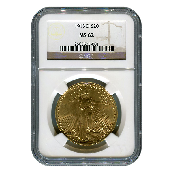 Certified $20 St Gaudens 1913-D MS62 NGC