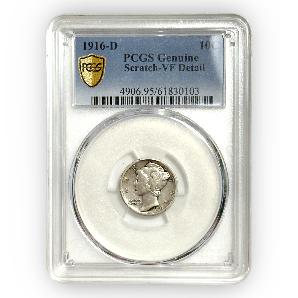 Certified Mercury Dime 1916-D Scratched-Det VF PCGS