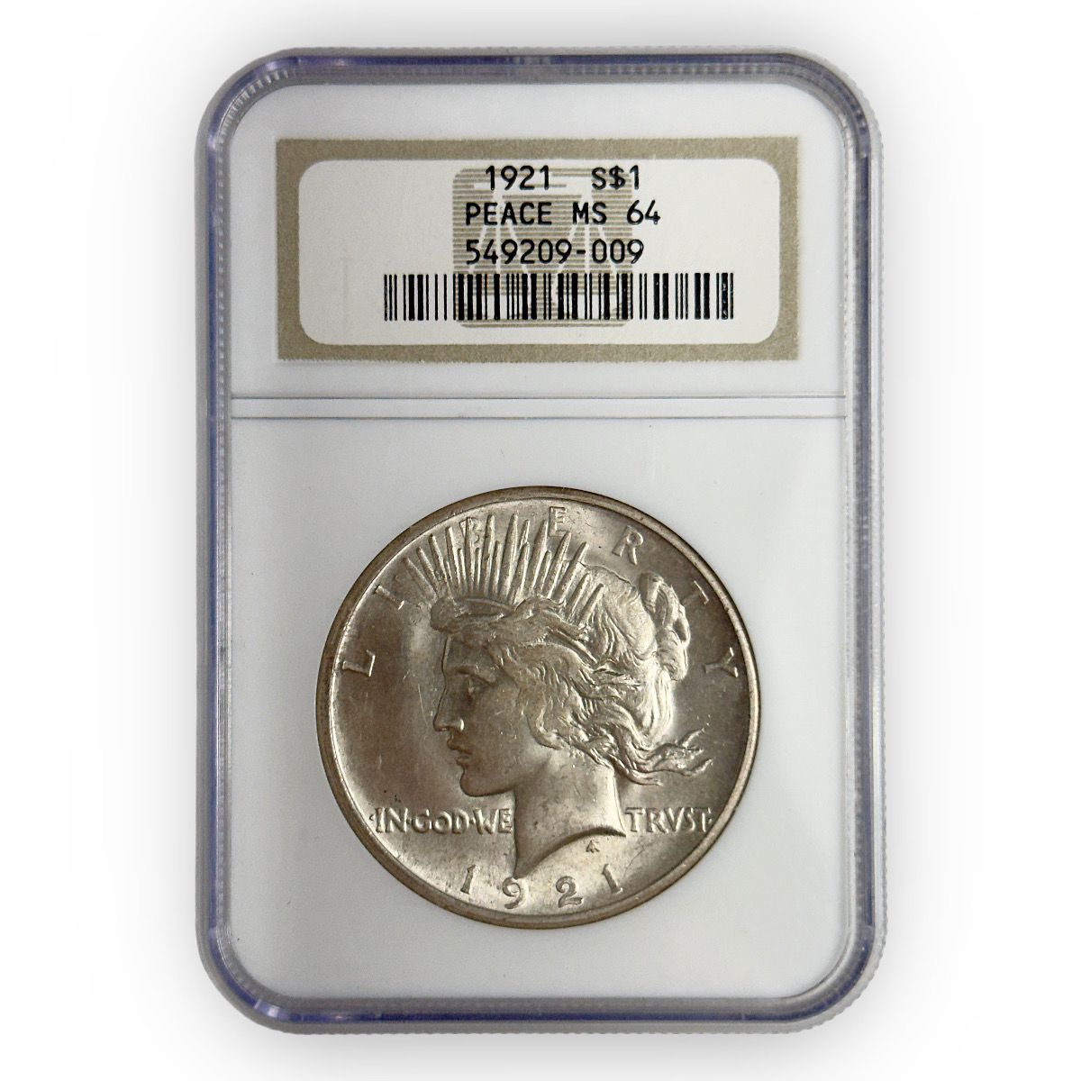 Certified Peace Silver Dollar 1921MS 64 NGC