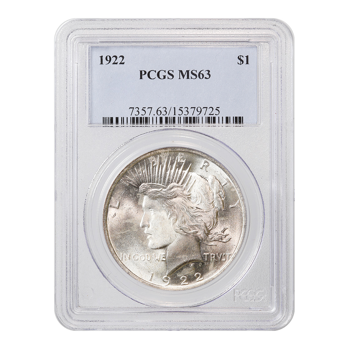 Certified Peace Silver Dollar 1922 MS63 PCGS