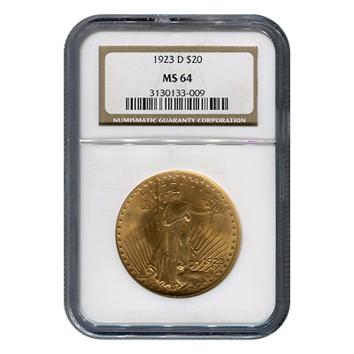Certified $20 St Gaudens 1923-D MS64 NGC