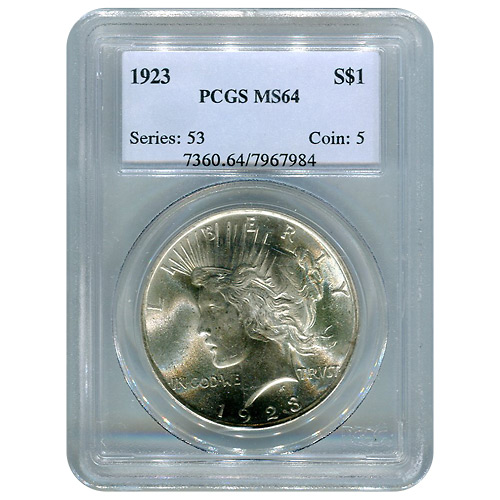Certified Peace Silver Dollar 1923 MS64 PCGS