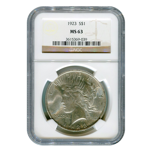 Certified Peace Silver Dollar 1923 MS63 NGC