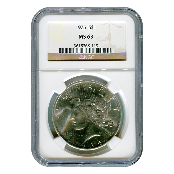 Certified Peace Silver Dollar 1925 MS63 NGC