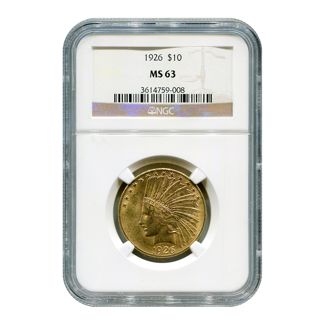 Certified US Gold $10 Indian 1926 MS63 NGC