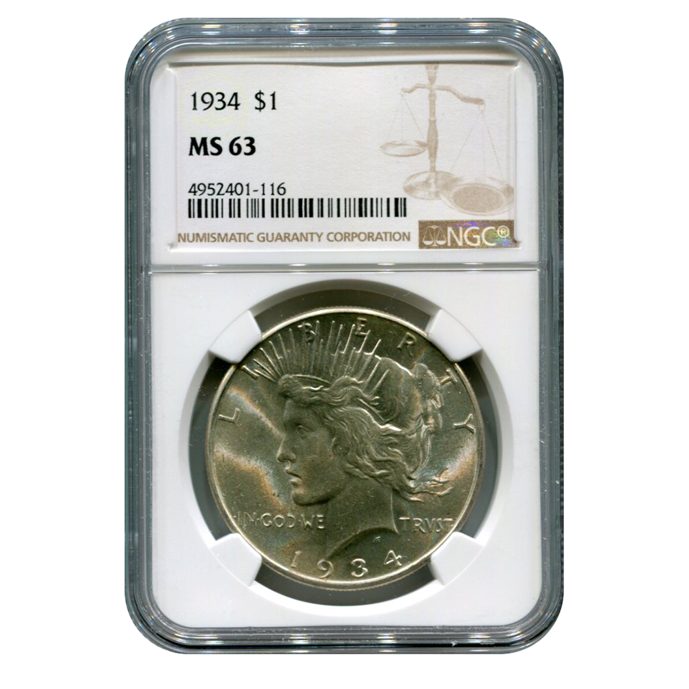 Certified Peace Silver Dollar 1934 MS63 NGC