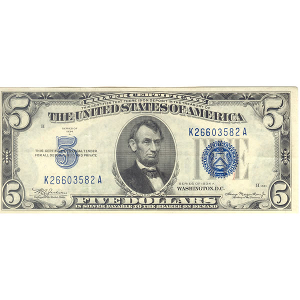 1934A $5 silver certificate XF-AU