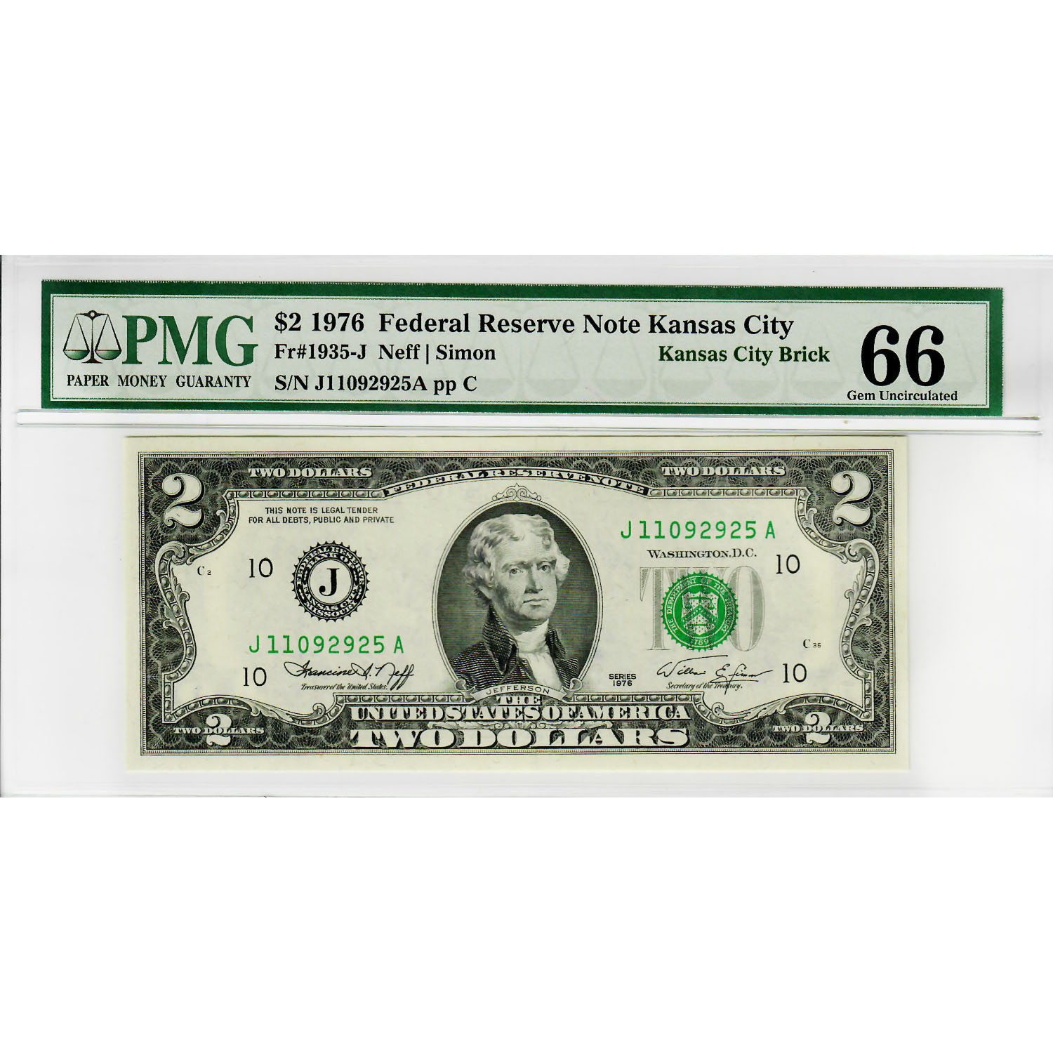 1976 $2 Federal Reserve Kansas City UNC66 PMG