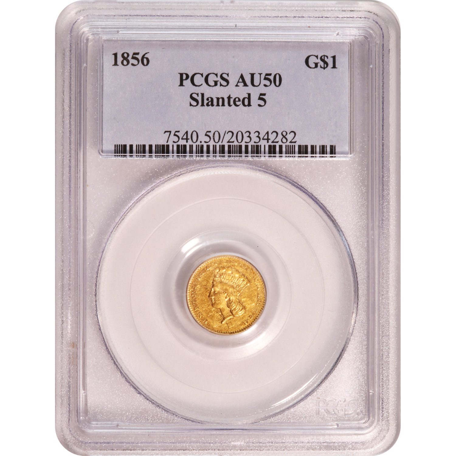 Certified $1 Gold Liberty 1856 Slanted 5 AU50 PCGS