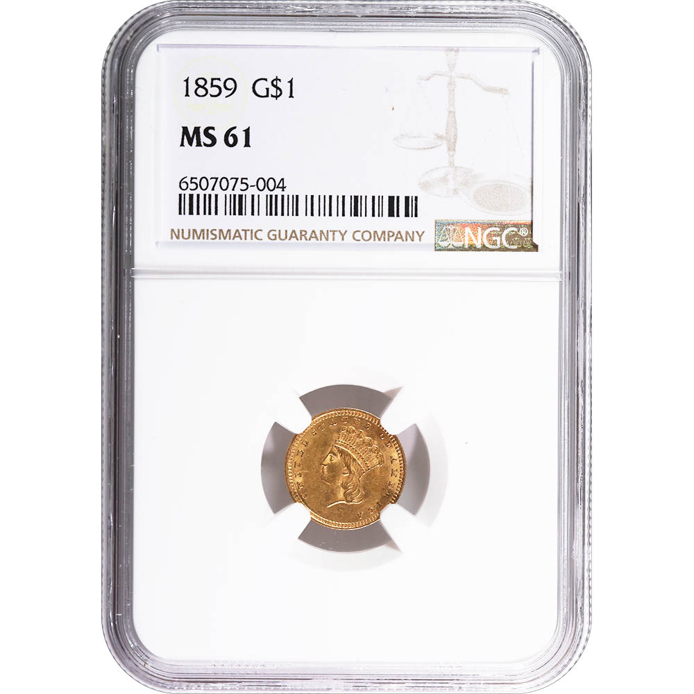 Certified $1 Gold Liberty 1859 MS61 NGC