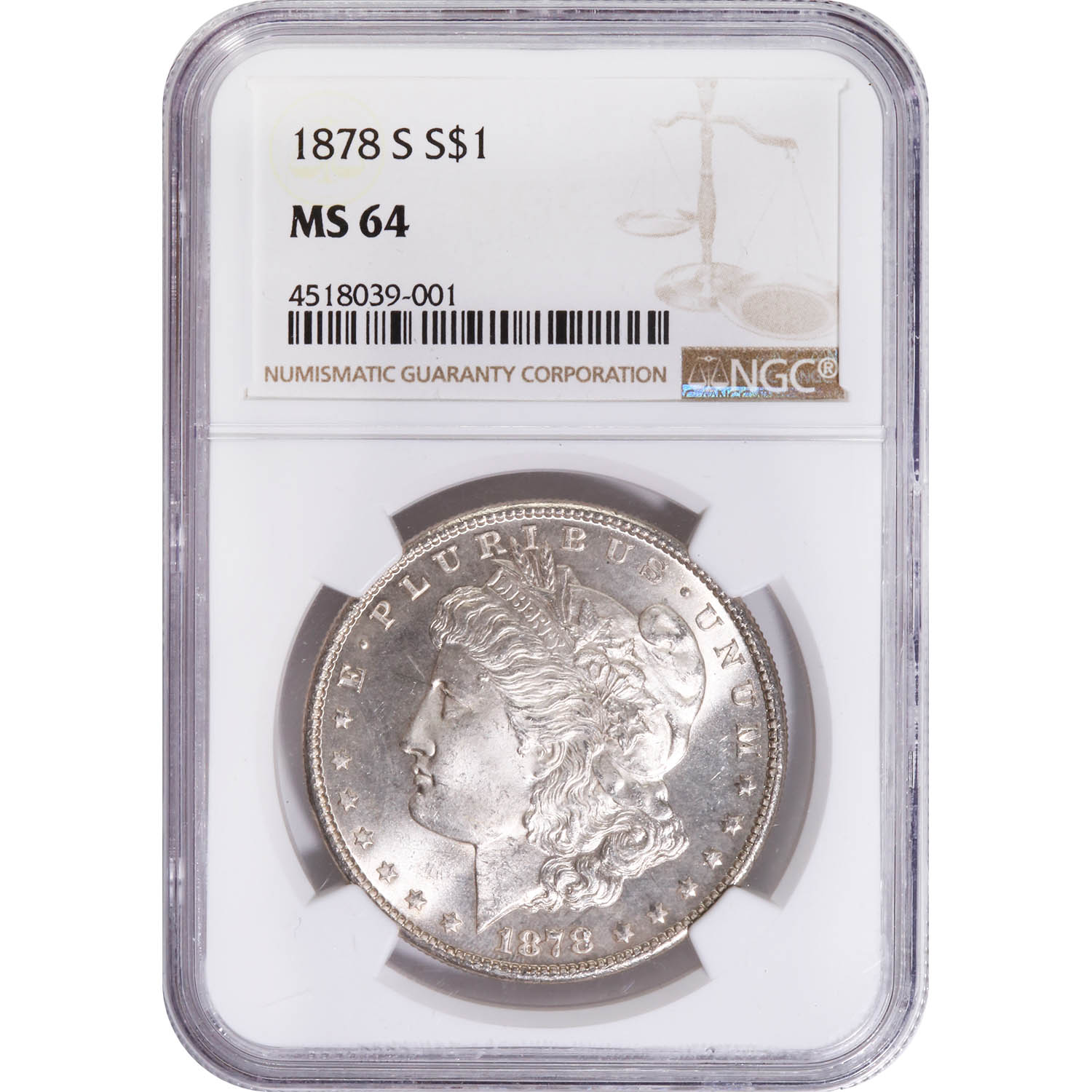 Certified Morgan Silver Dollar 1878-S MS64 NGC