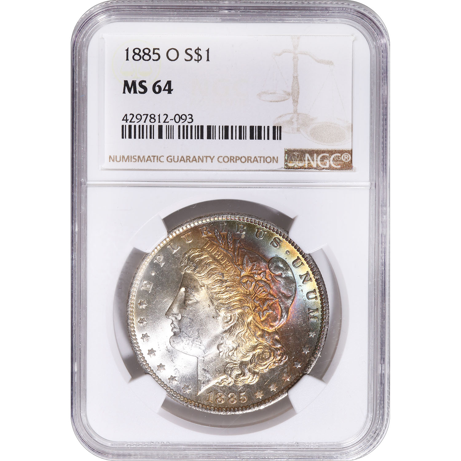 Certified Morgan Silver Dollar 1885-O MS64 NGC rainbow toning (093)