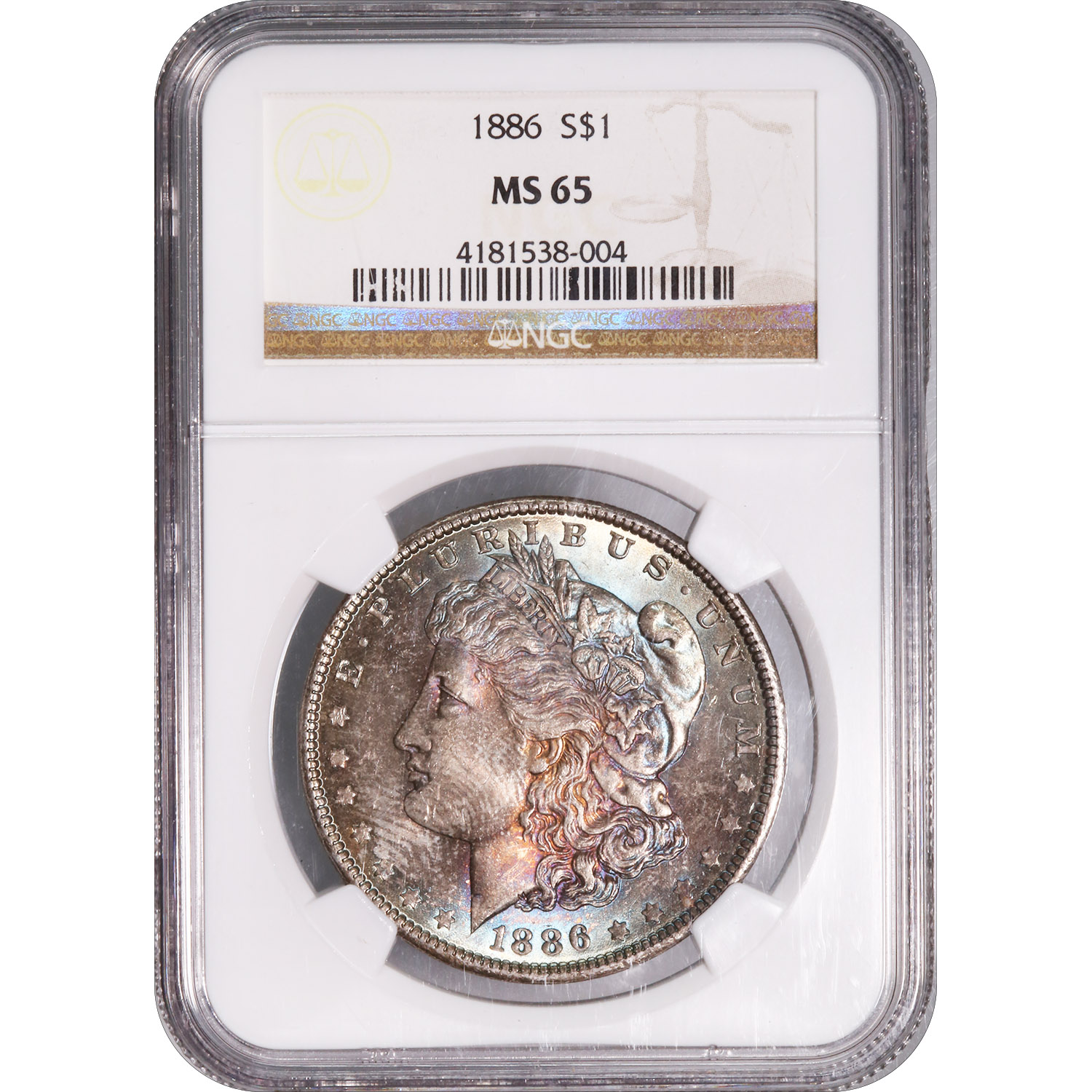 Certified Morgan Silver Dollar 1886 MS65 NGC toned
