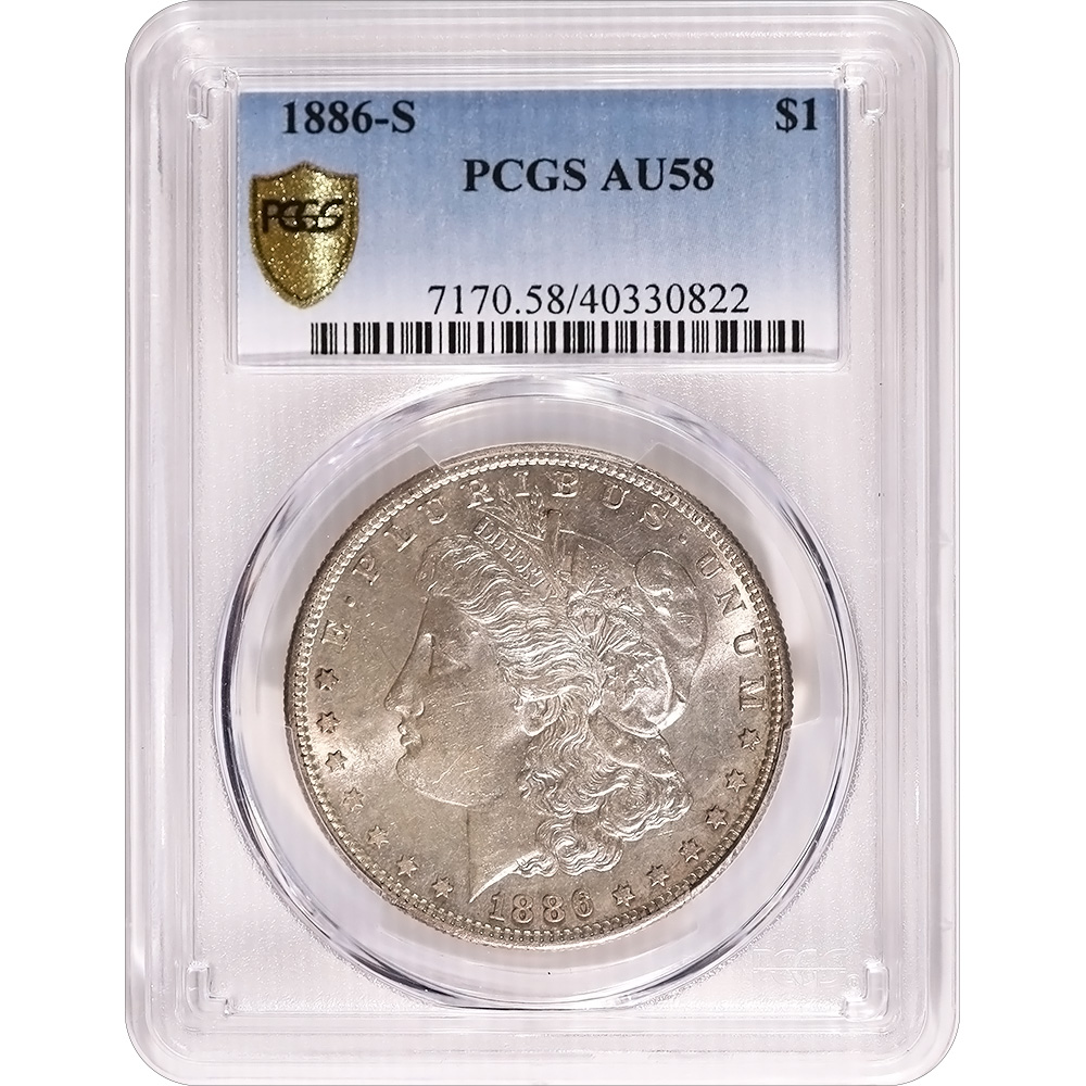 Certified Morgan Silver Dollar 1886-S AU58 PCGS