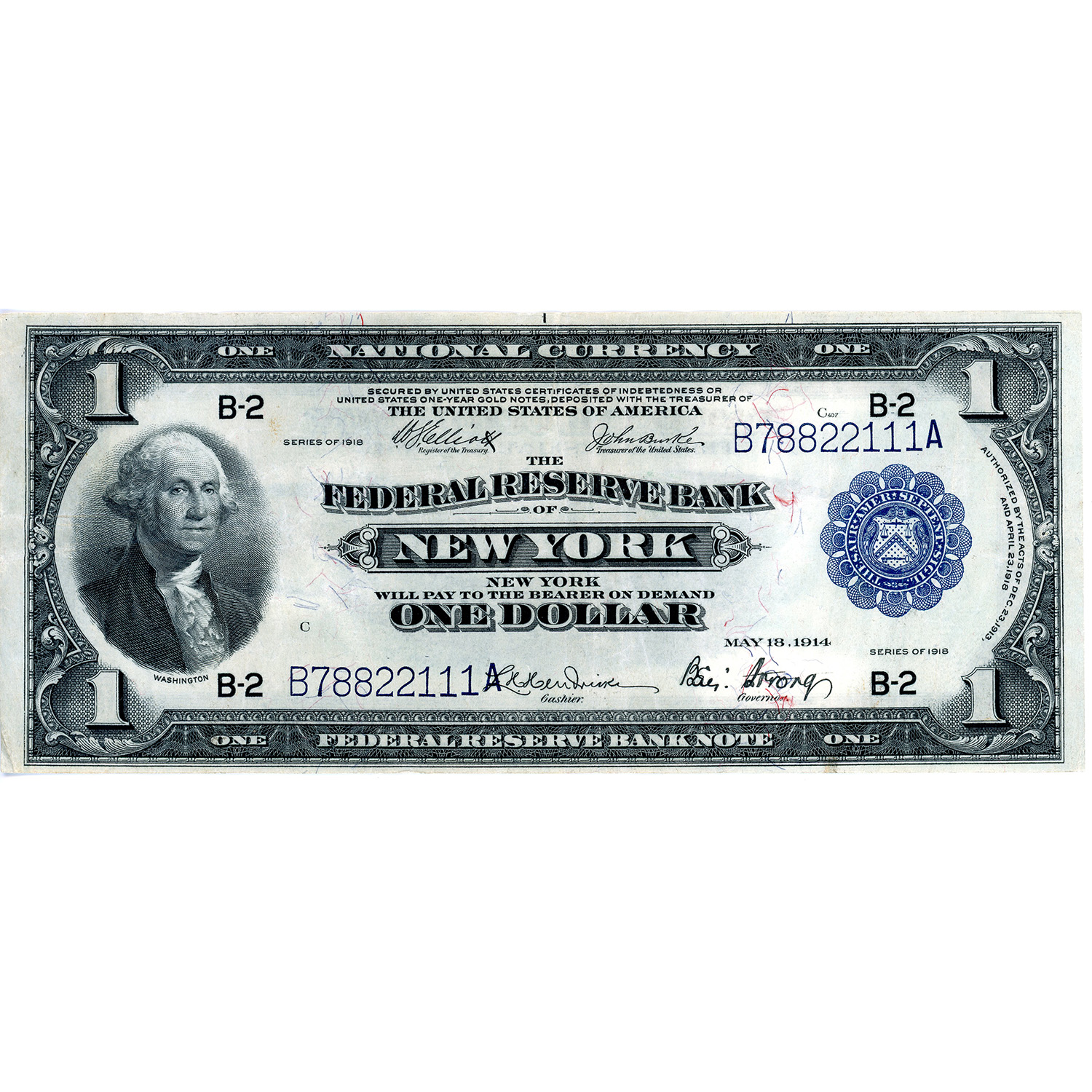 1918 $1 Federal Reserve Note New York VF