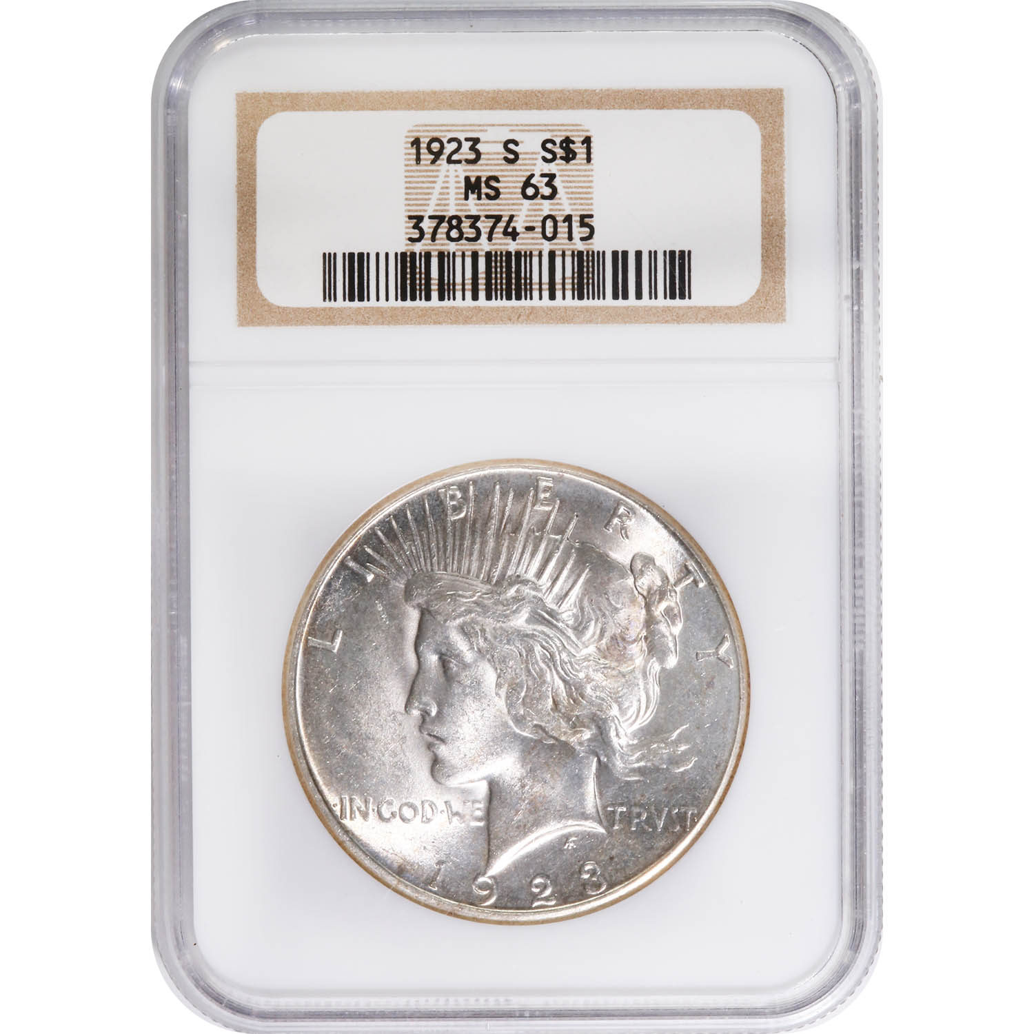 Certified Peace Silver Dollar 1923-S MS63 NGC