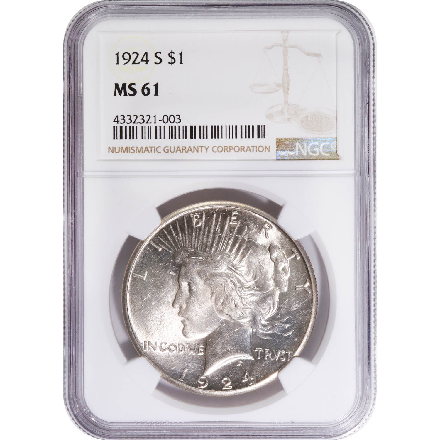 Certified Peace Silver Dollar 1924-S MS61 NGC