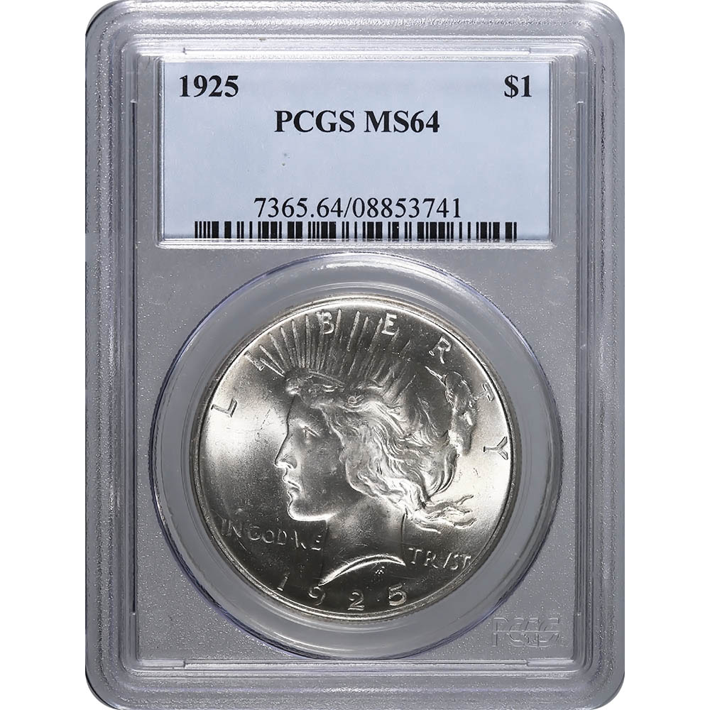 Certified Peace Silver Dollar 1925 MS64 PCGS