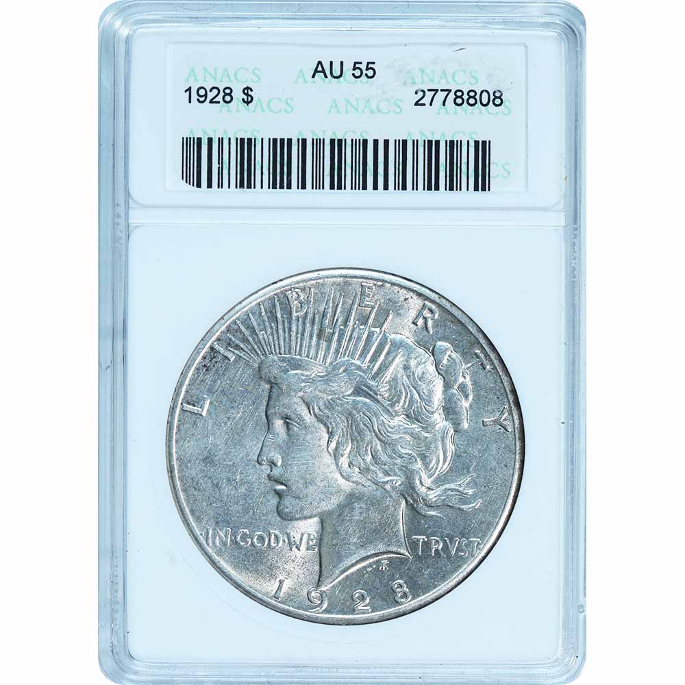 Certified Peace Silver Dollar 1928 AU55 ANACS