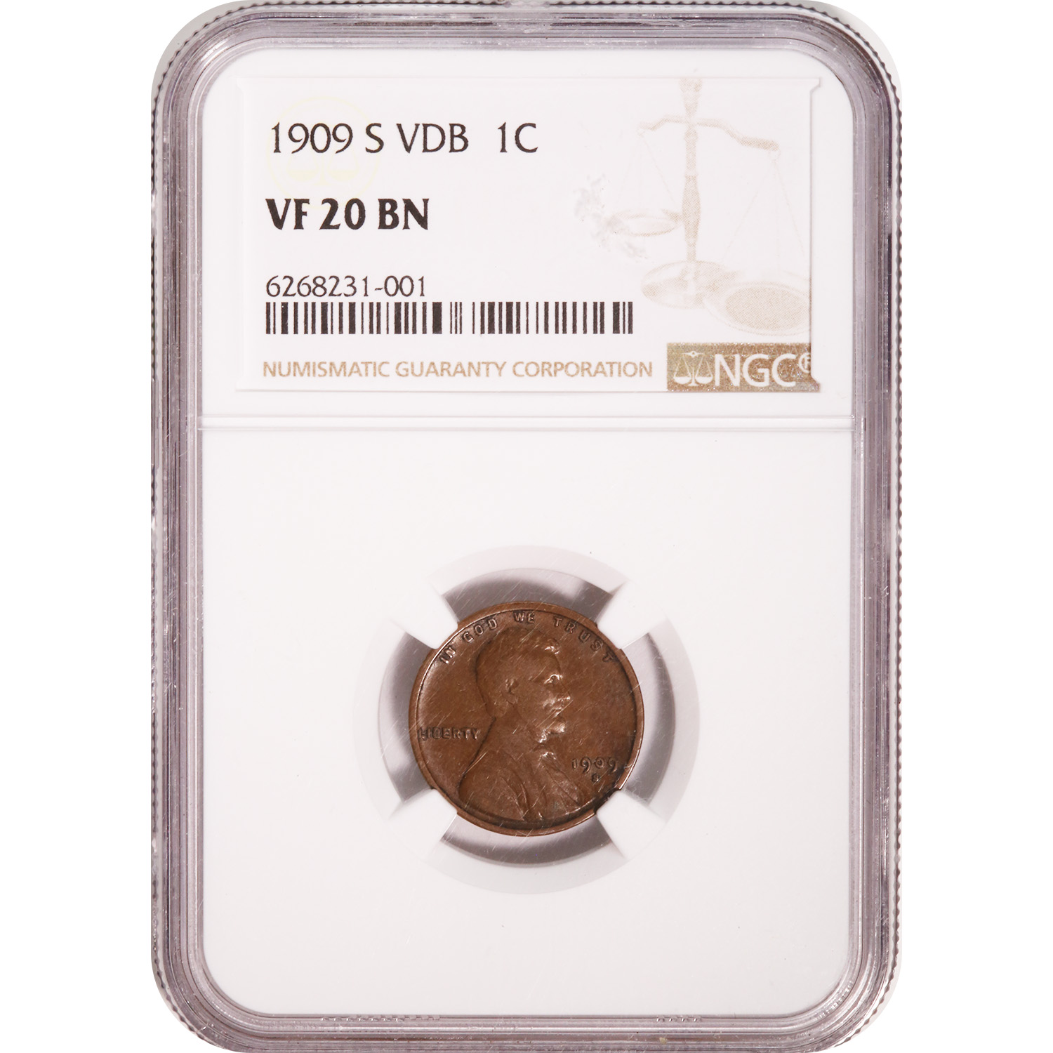 Certified Lincoln Cent 1909-S VDB VF20 NGC