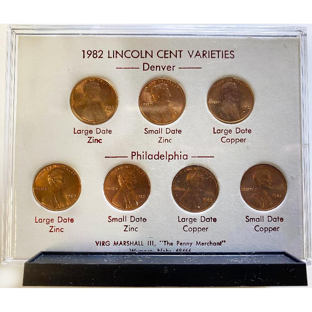 1982 Lincoln Cent 7 Variety Set with Premium Display Case
