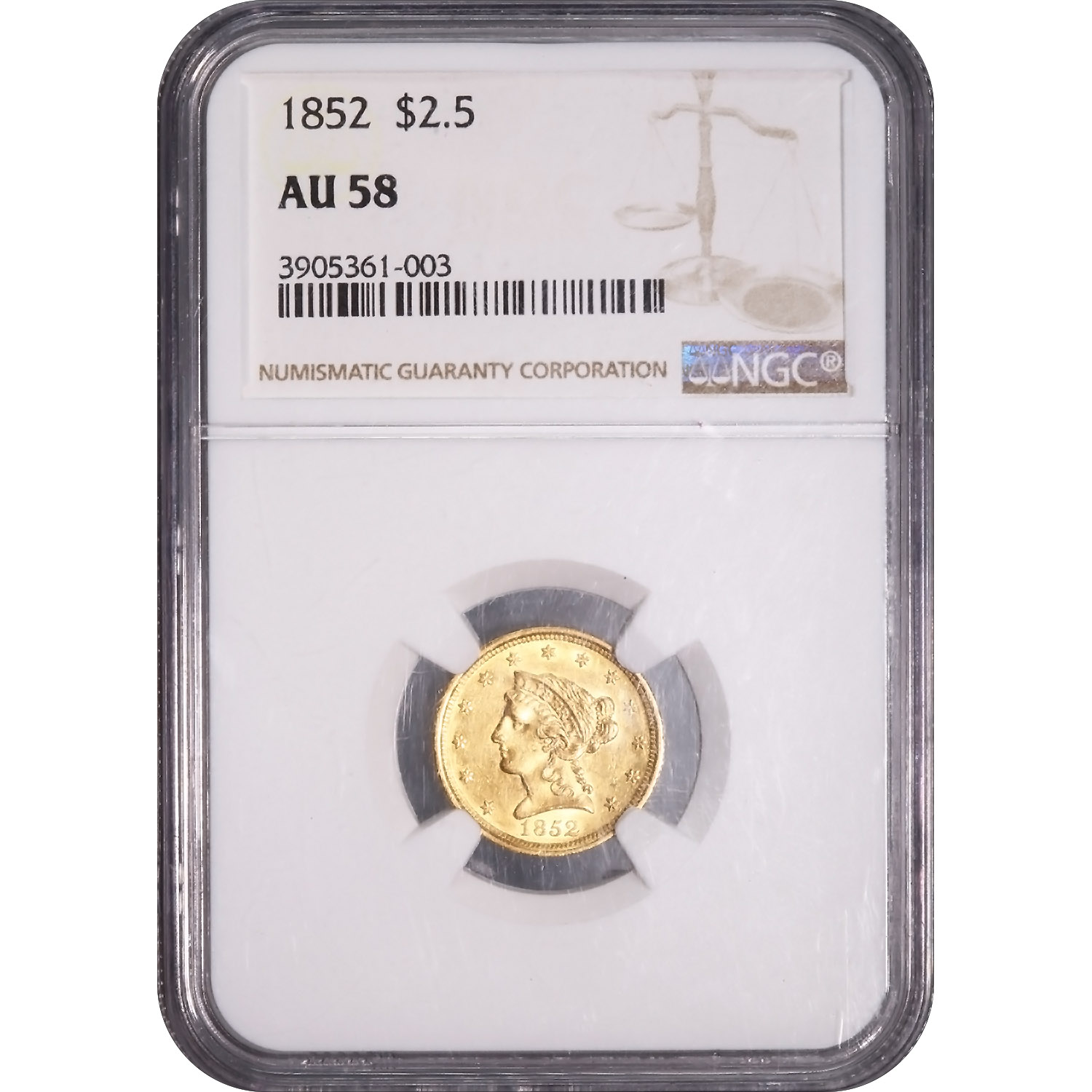 Certified $2.5 Gold Liberty 1852 AU58 NGC