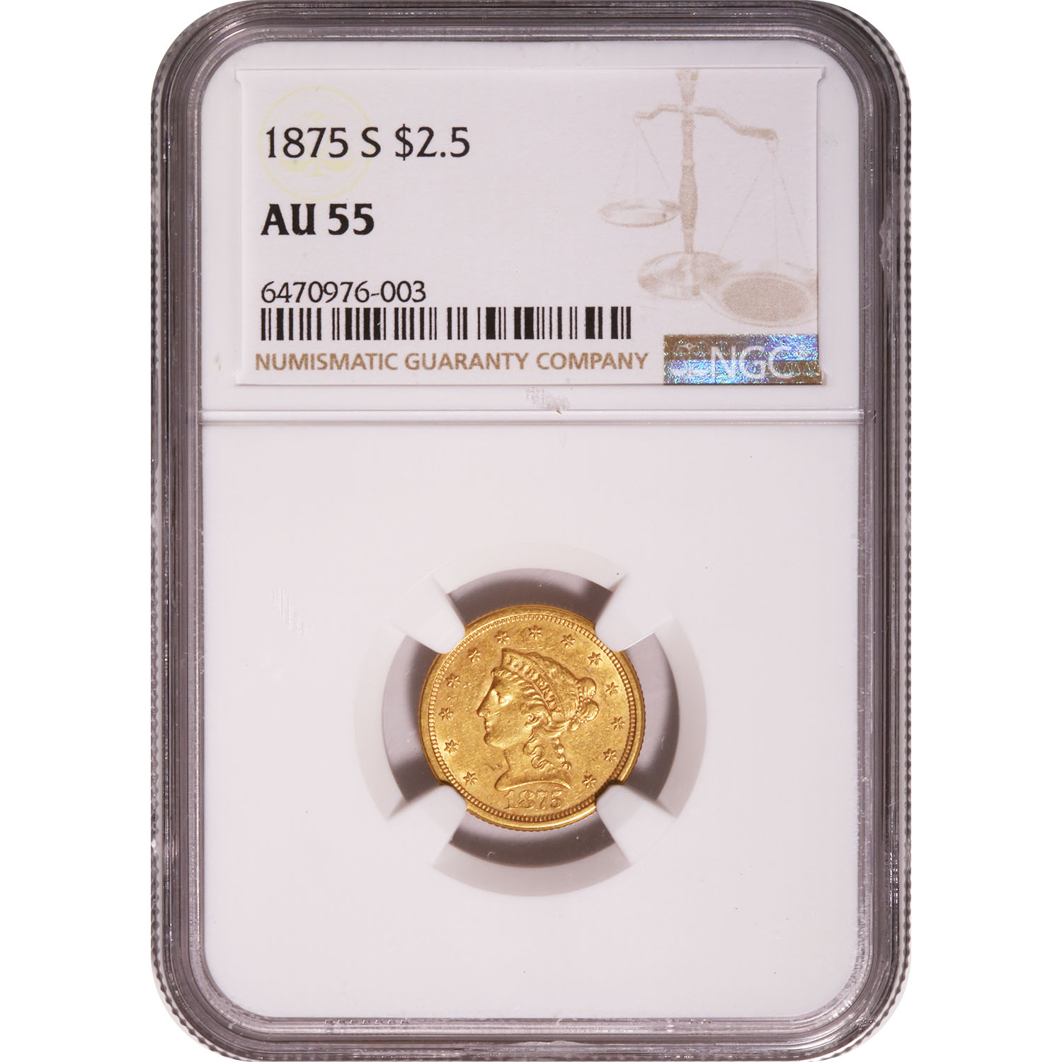 Certified $2.50 Gold Liberty 1875-S AU55 NGC