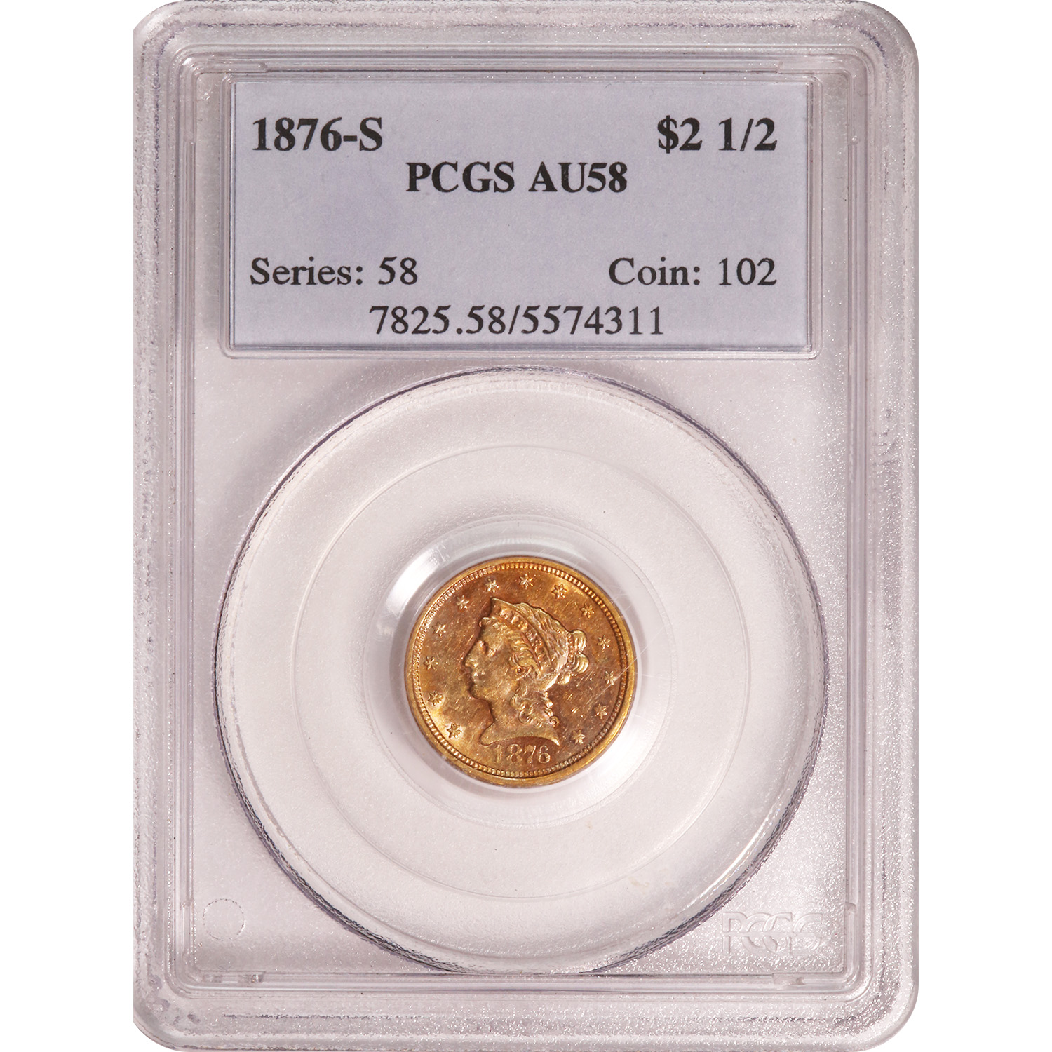Certified $2.5 Gold Liberty 1876-S AU58 PCGS