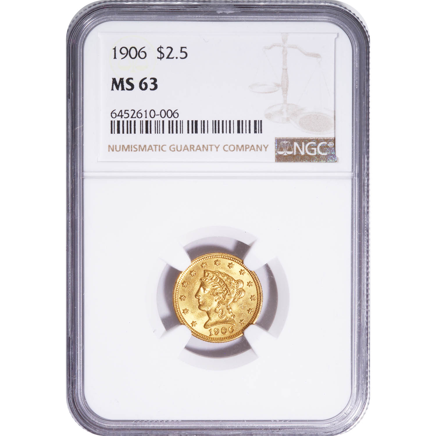 Certified US Gold $2.5 Liberty 1906 MS63 NGC