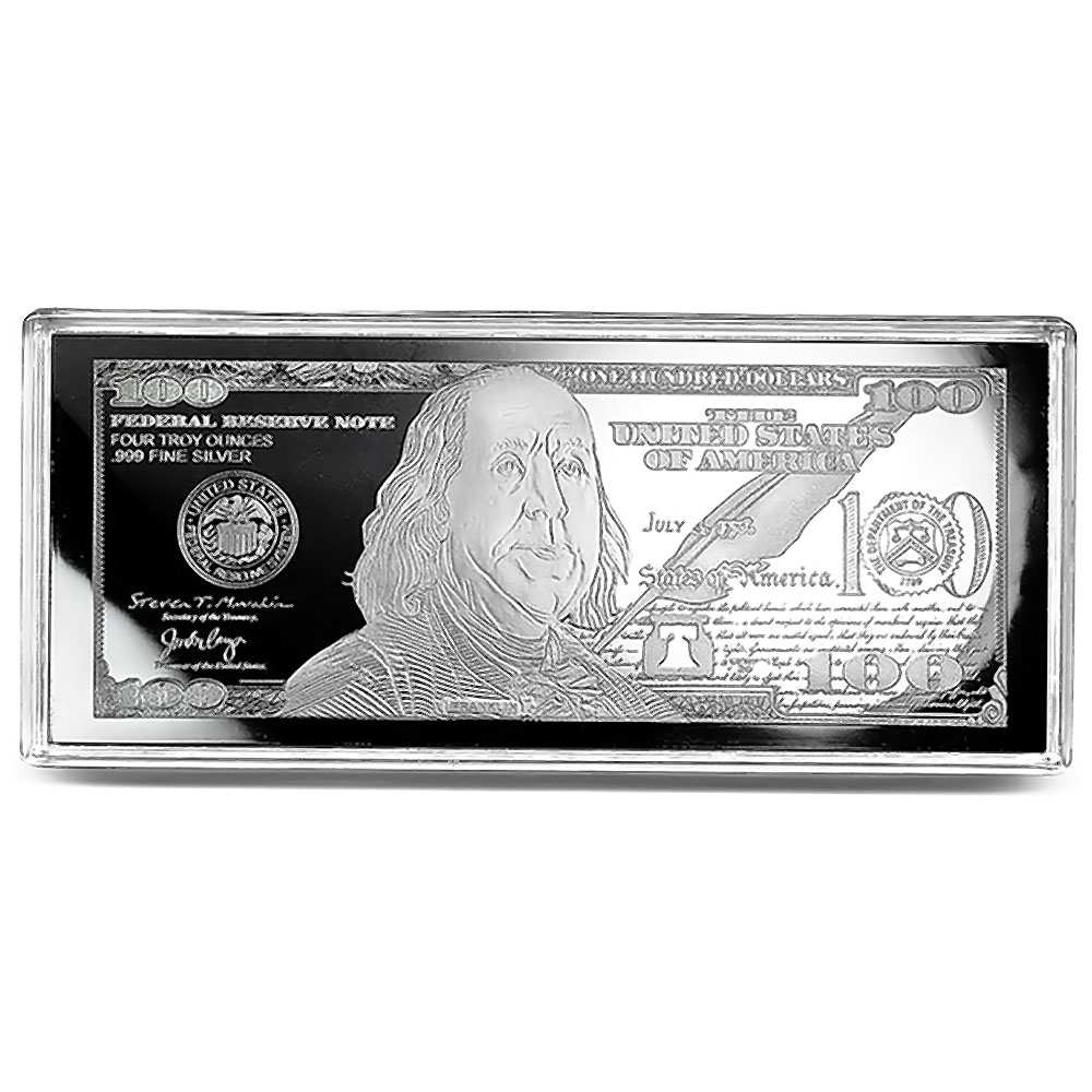 Silver 4 Ounce Bar - 2022 $100 Bill .999 Fine