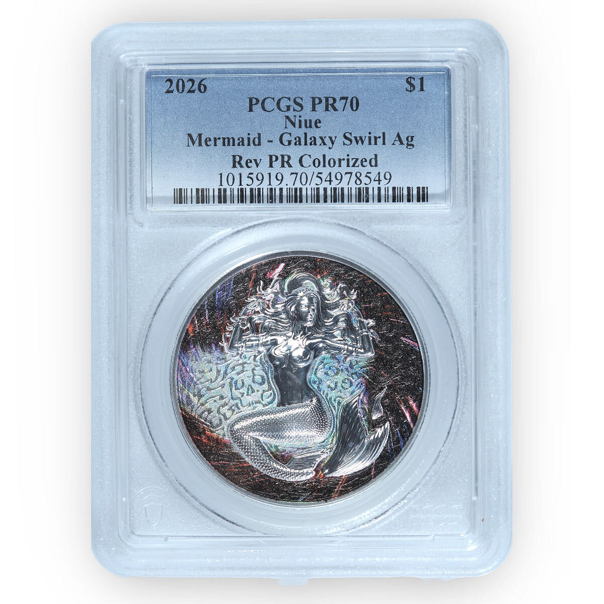 2026 Niue Mermaid Galaxy Tail 1 oz Silver Dollar Obverse Colorized PCGS PR70