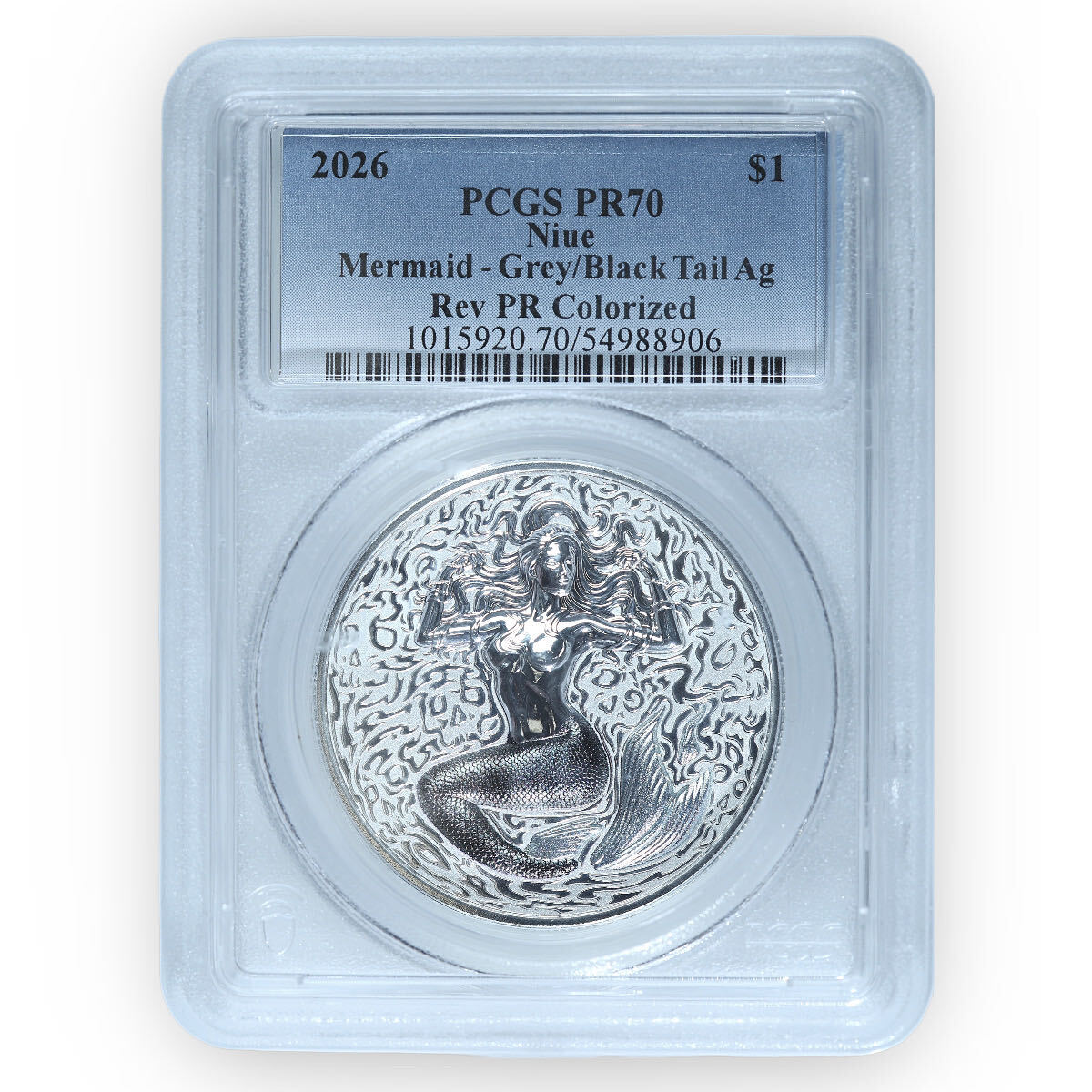 2026 Niue Mermaid Regular Tail 1 oz Silver Dollar Obverse Colorized PCGS PR70