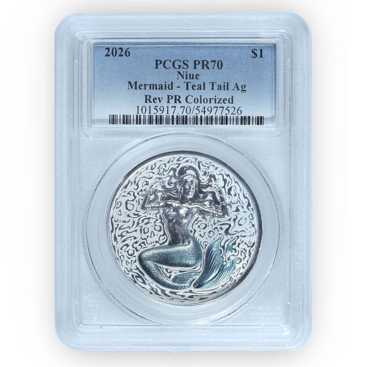 2026 Niue Mermaid Teal Tail 1 oz Silver Dollar Obverse Colorized PCGS PR70
