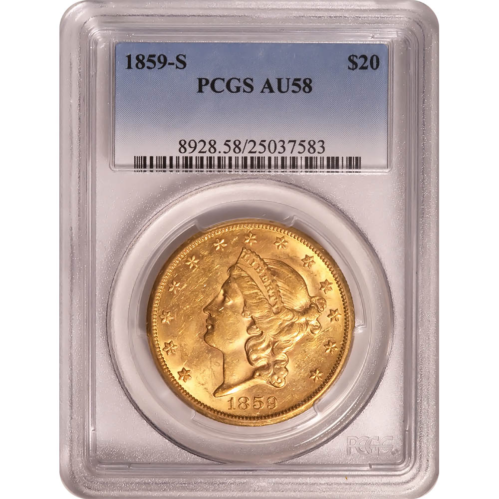 Certified US Gold $20 Liberty 1859-S AU58 PCGS
