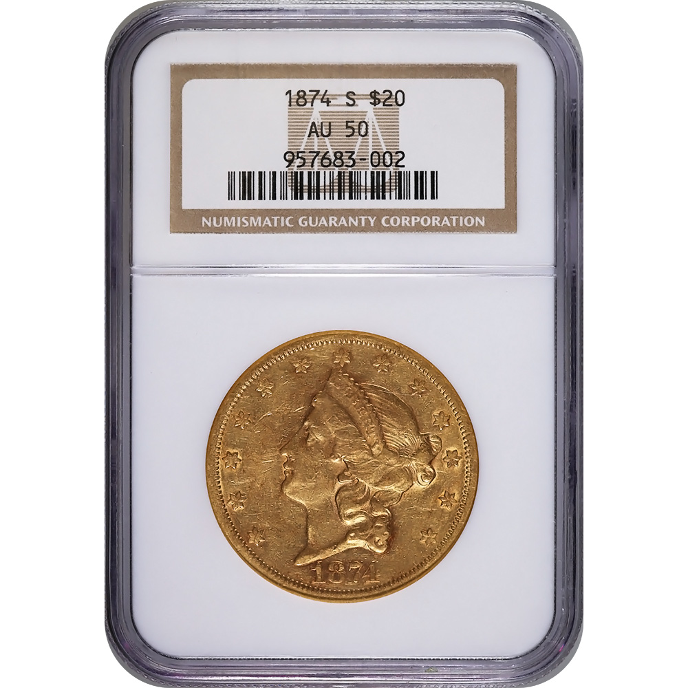 Certified US Gold $20 Liberty 1874-S AU50 NGC