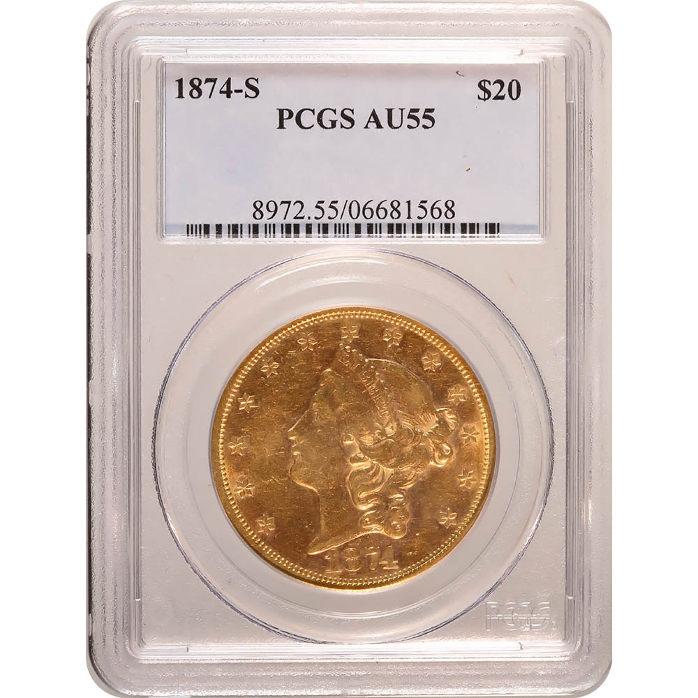 Certified US Gold $20 Liberty 1874-S AU55 PCGS