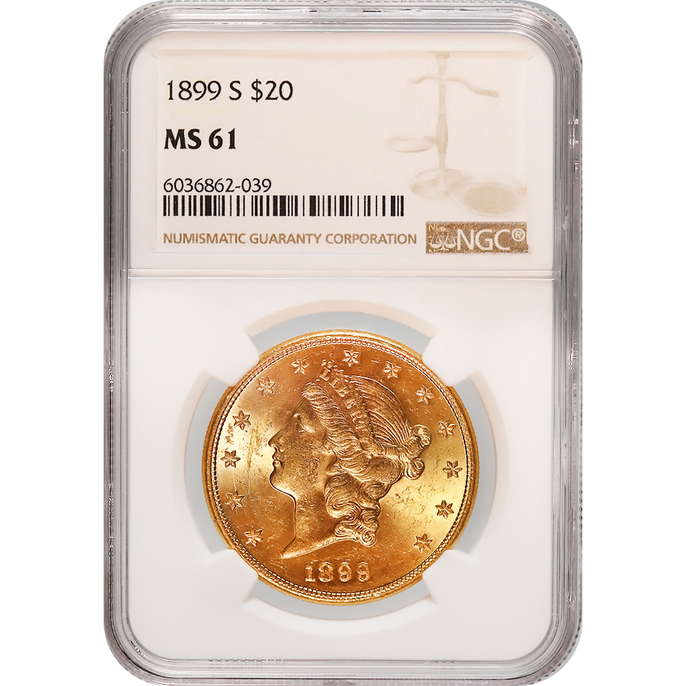 Certified US Gold $20 Liberty 1899-S MS61 NGC (B)