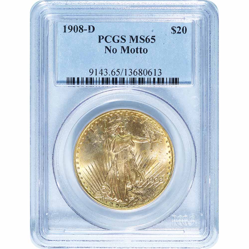 Certified $20 Gold St. Gaudens 1908-D MS65 PCGS