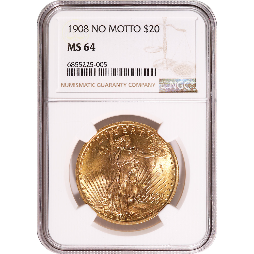 Certified $20 Gold St. Gaudens 1908 No Motto MS64 NGC