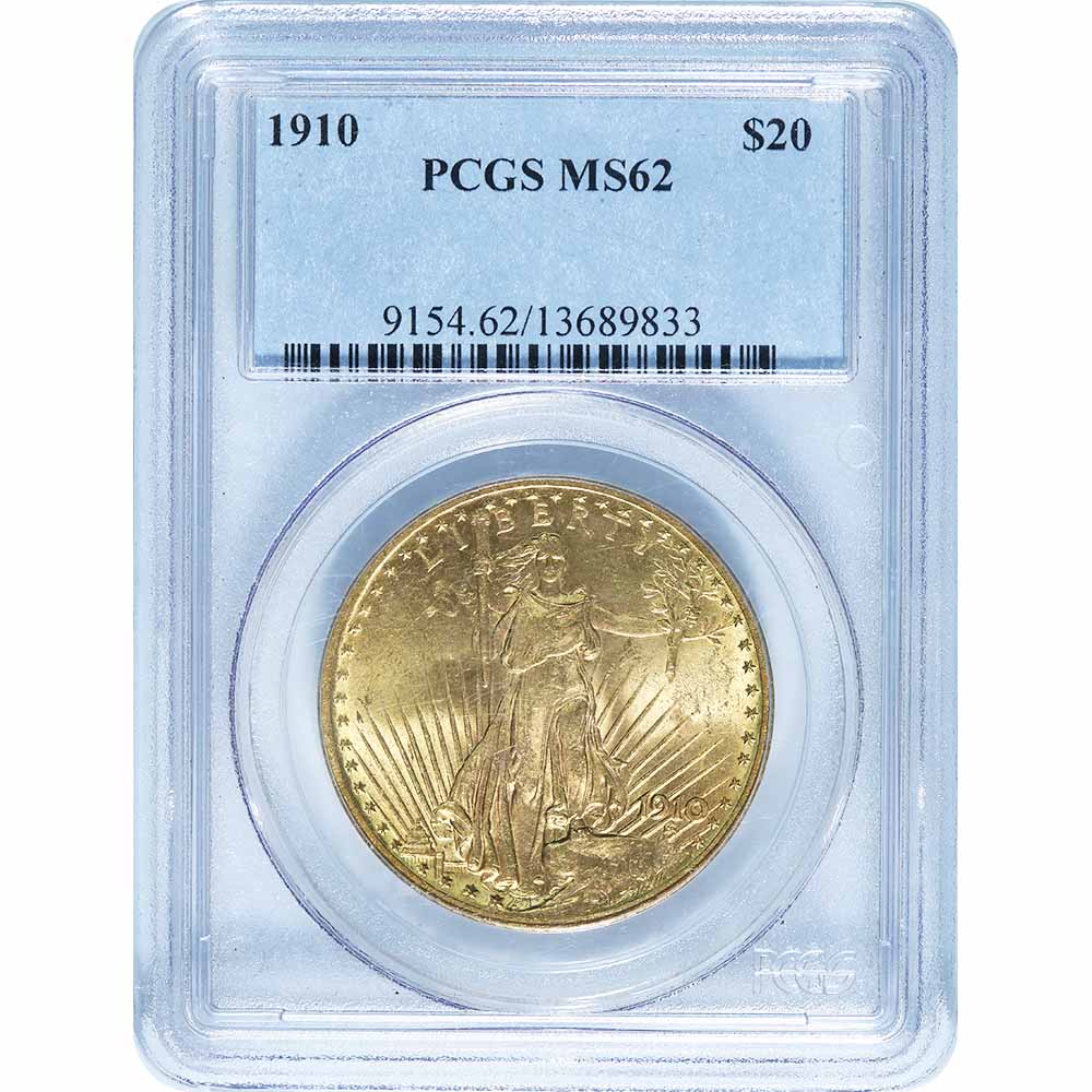 Certified $20 Gold St. Gaudens 1910 MS62 PCGS