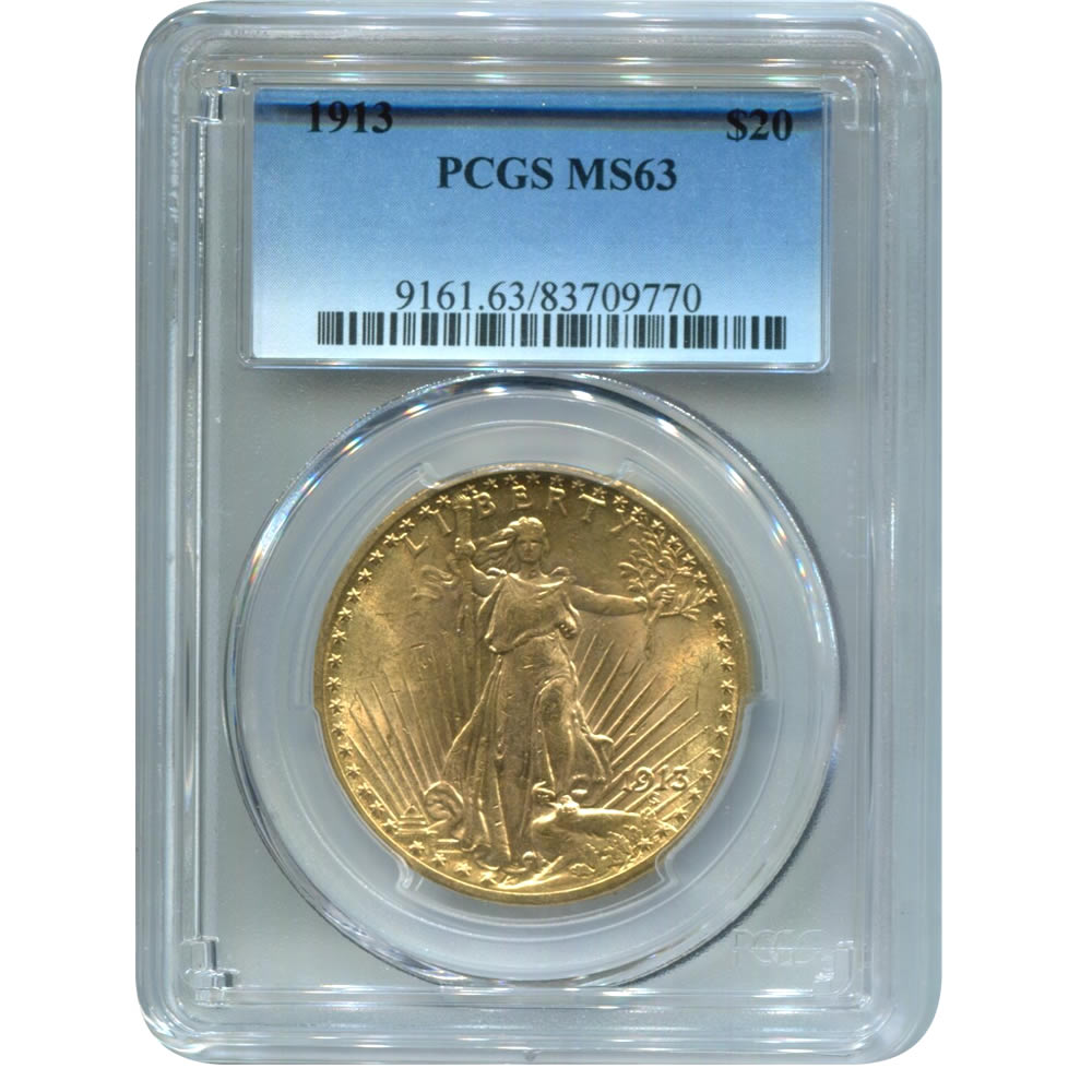 Certified $20 St Gaudens 1913 MS63 PCGS