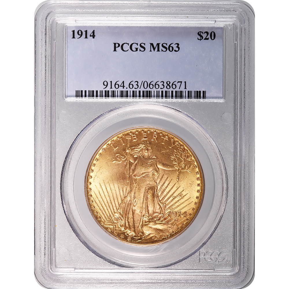 Certified $20 St Gaudens 1914 MS63 PCGS