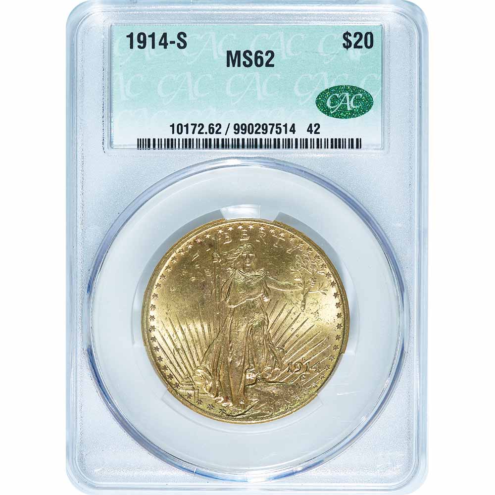 Certified $20 Gold St. Gaudens 1914-S MS62 CAC