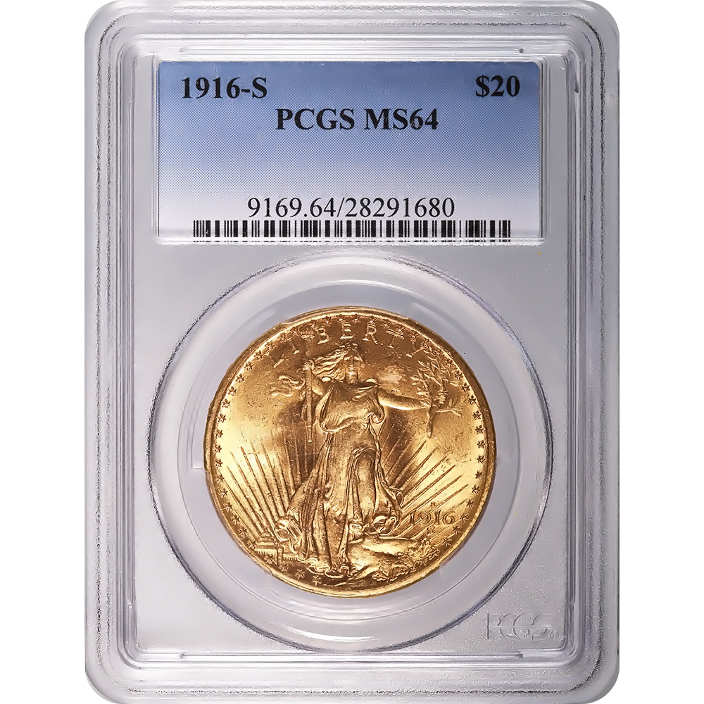 Certified $20 St Gaudens 1916-S MS64 PCGS