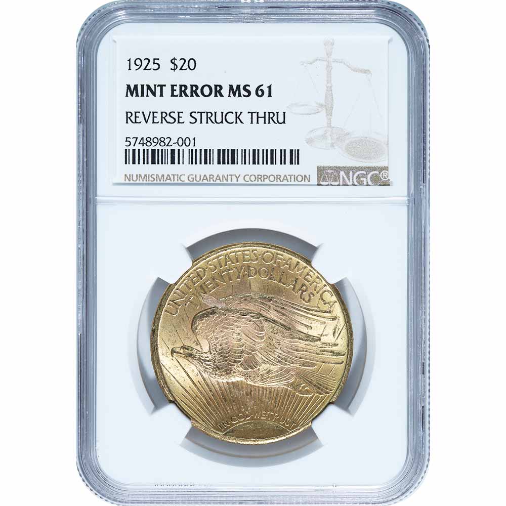 Certified $20 Gold St. Gaudens 1925 Reverse Struck Through MS61 NGC