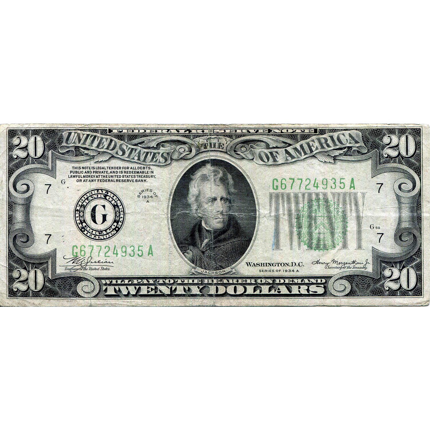 1934A $20 Federal Reserve Note F-VF