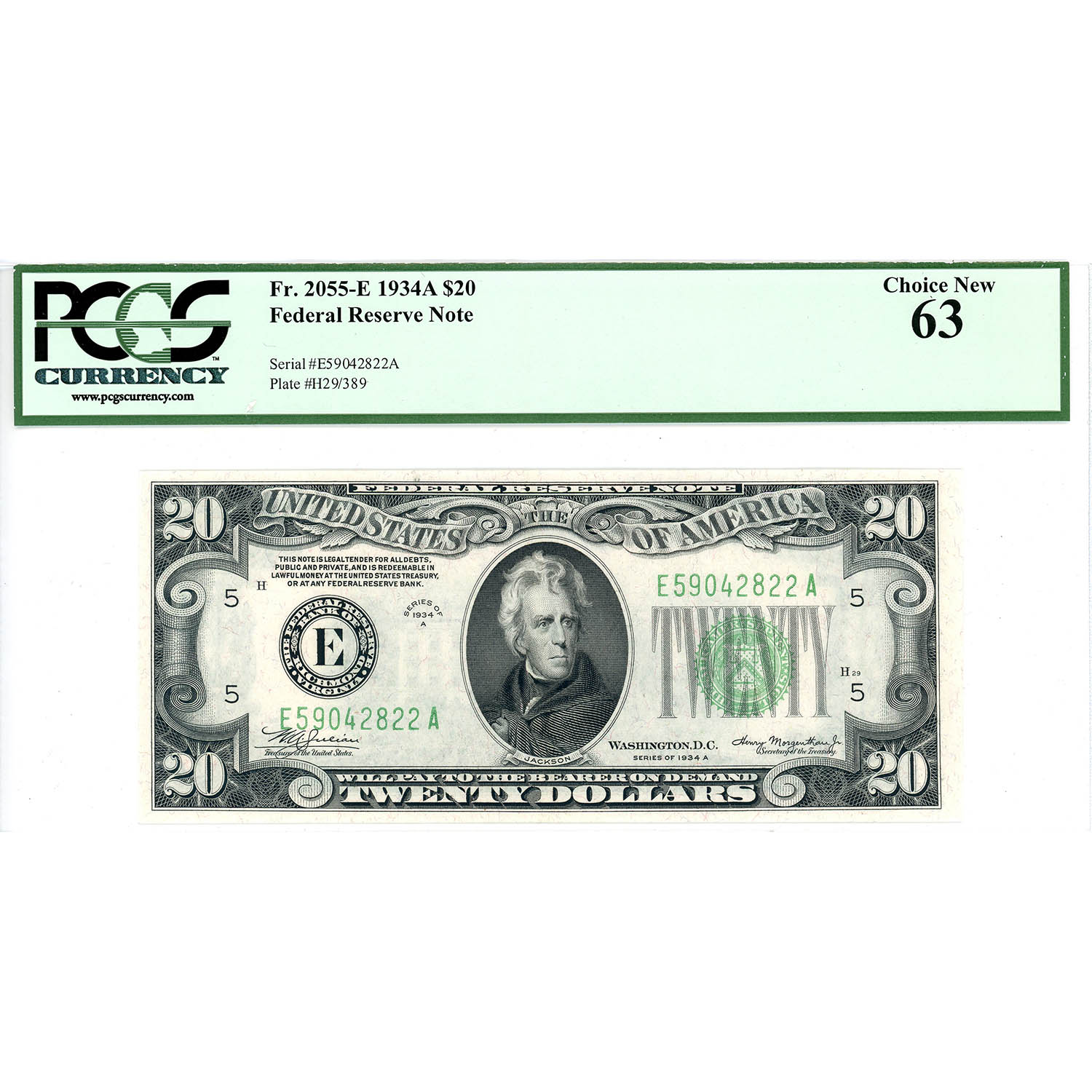 1934A $20 Federal Reserve Note UNC63 PCGS