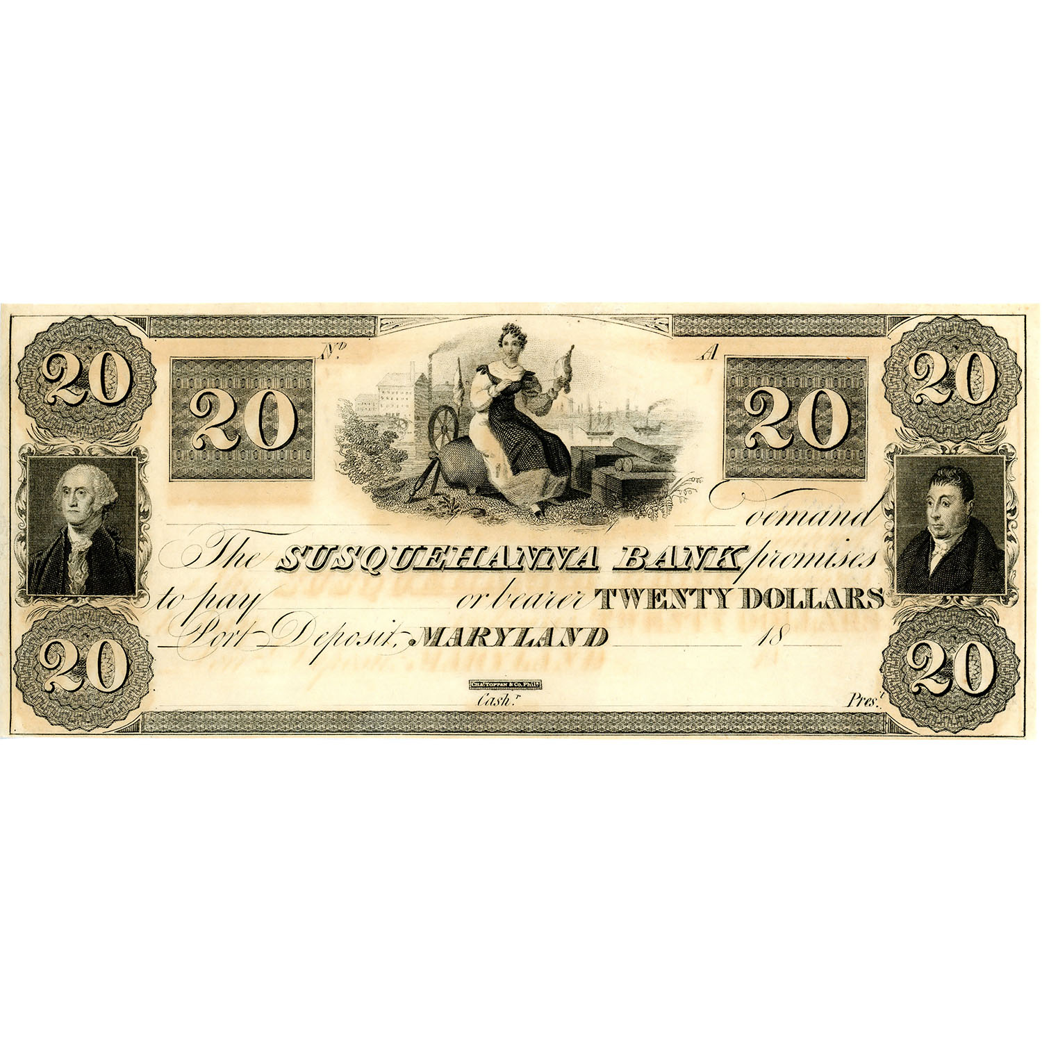 Maryland Port Deposit 1830s $20 Remainder Susquehanna Bank MD280-G12 UNC